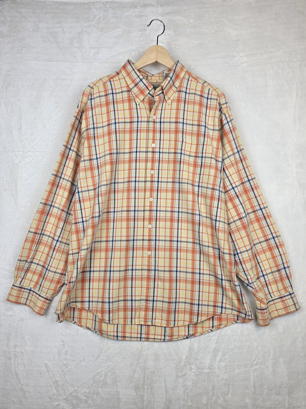 AS-IS Vintage LL Bean Plaid Shirt Men XL Orange Cotton Made Hong Kong Spots